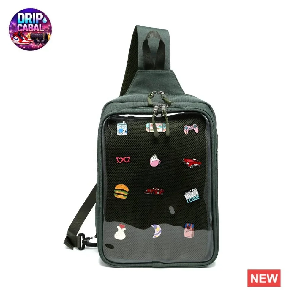 Premium PU Leather and PVC Ita Bag with Pin Display, Adjustable Strap Crossbody